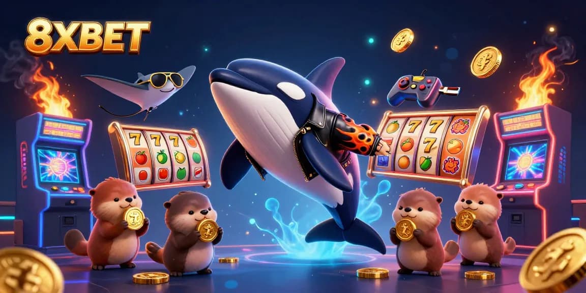 Engage with thrilling 8XBET gameplay featuring an orca, stingray, and otters amidst vibrant slot machine action.