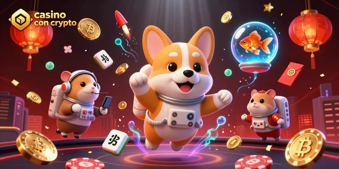 Gioca nei casinò con crypto: un corgi astronauta fluttua tra monete Bitcoin e Ethereum nel casinò spaziale.