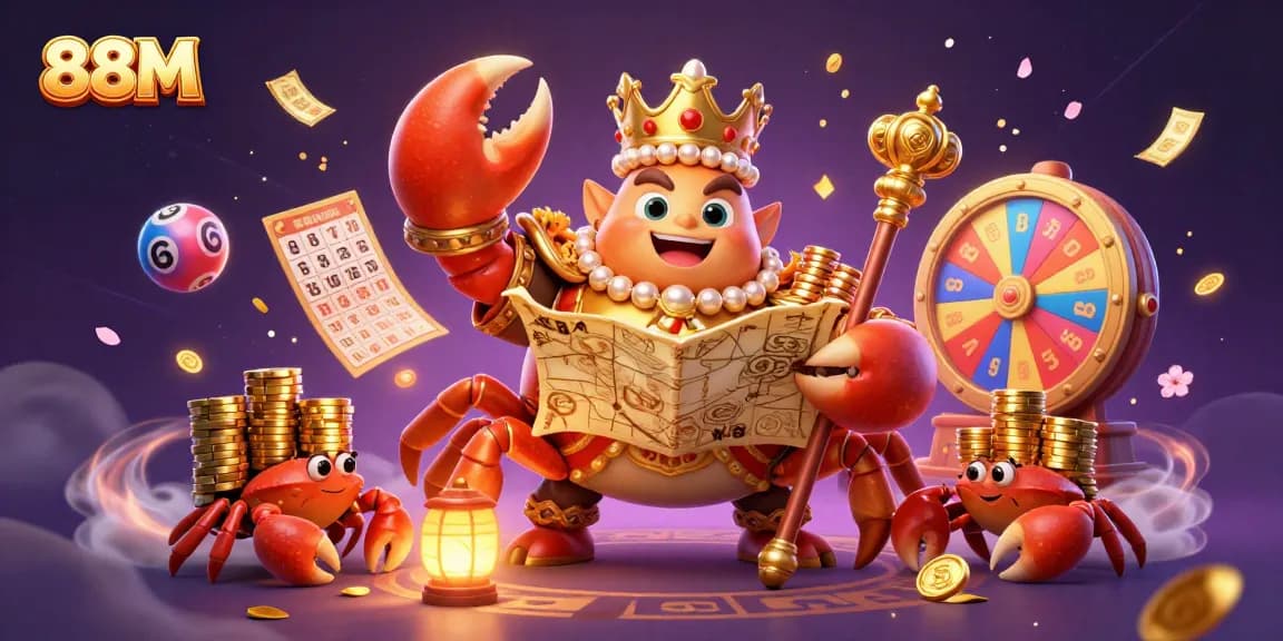 Engage in vibrant lottery action at 88M, featuring a golden crab emperor amidst colorful game elements.