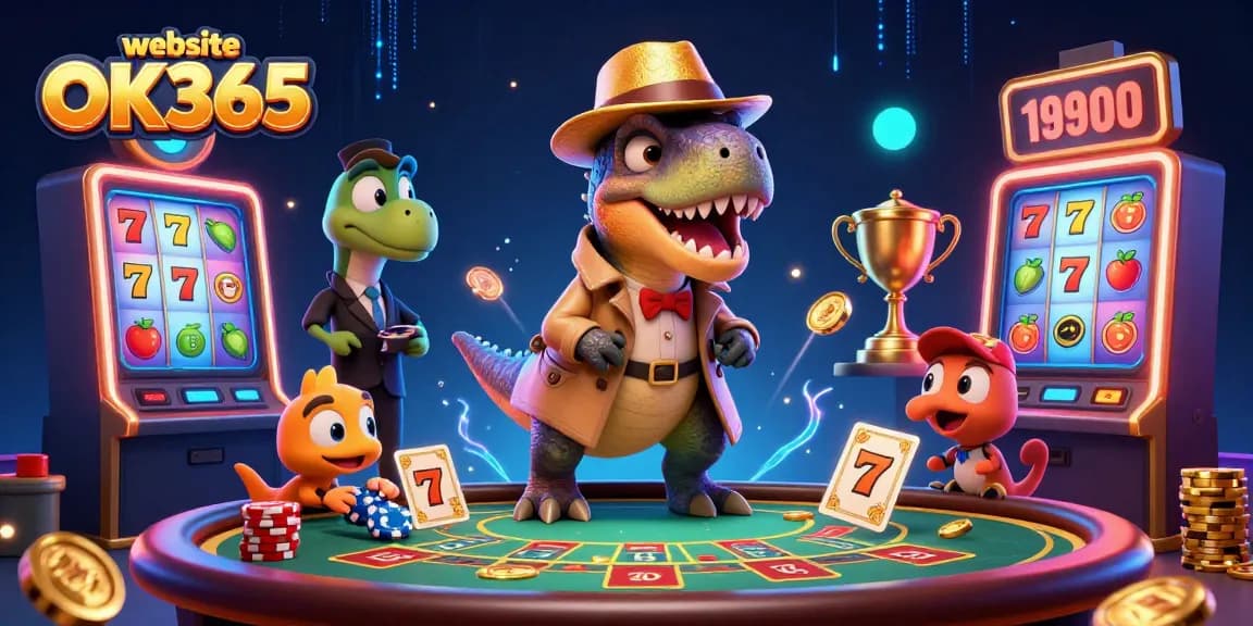 Engage in thrilling gameplay at website OK365 with a velociraptor card counter, surrounded by dynamic casino elements.