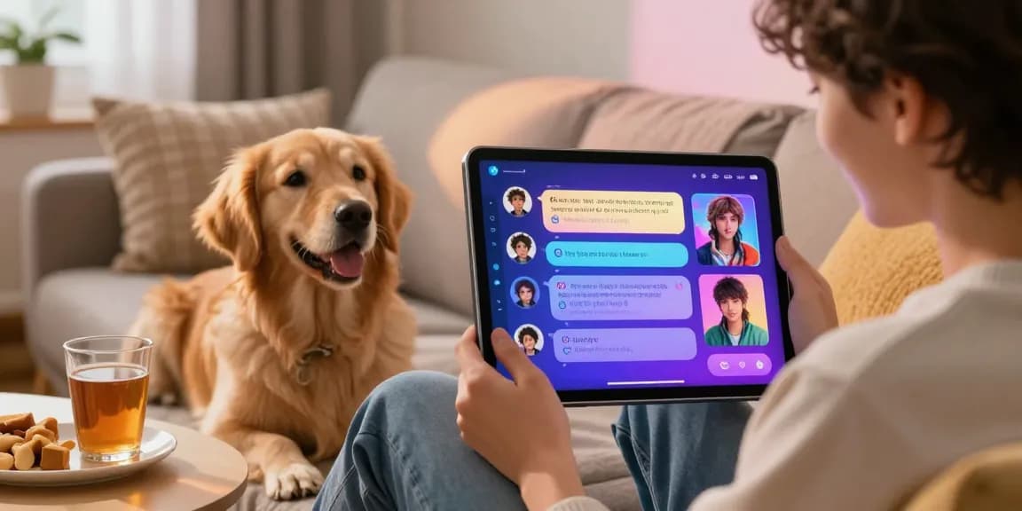 Engaging AI chat nsfw experience on tablet featuring vibrant character interactions and cozy home setting