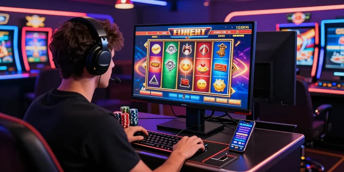 Engaged player at HWGSLOT enjoying an online casino gaming experience with vibrant digital slot machine.
