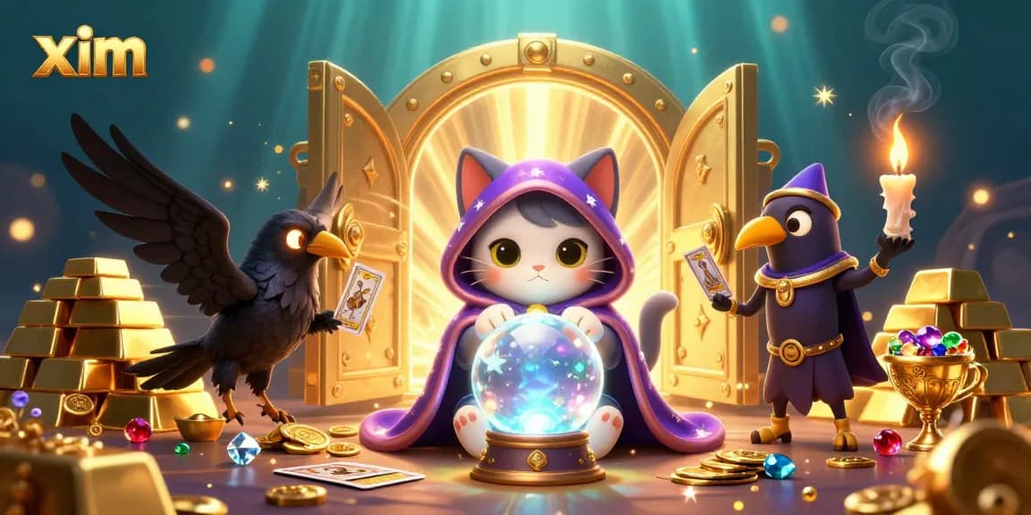 Experience thrilling casino magic with xim's fortune teller cat and tarot raven amidst dazzling treasures.