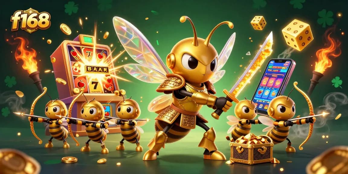 Experience thrilling gameplay with f168's vibrant casino scene showcasing slot jackpots and golden characters.