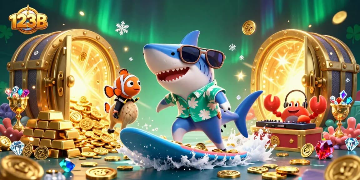 Engage in exciting games at 123B, featuring a colorful 3D illustration with fun casino characters.