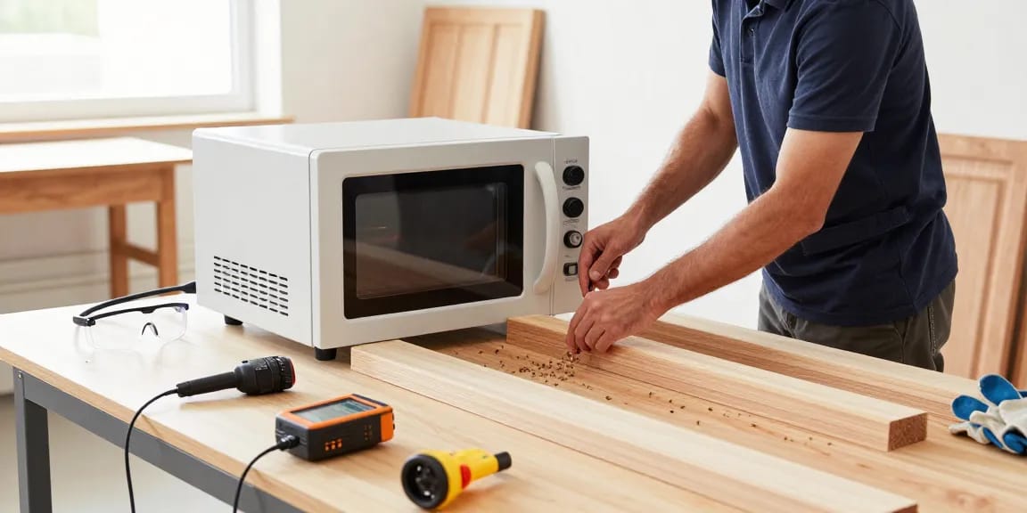 Shashel microwave device in action, effectively eliminating wood-boring insects in a bright workshop.