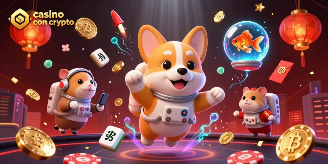 Gioca nei casinò con crypto: un corgi astronauta fluttua tra monete Bitcoin e Ethereum nel casinò spaziale.