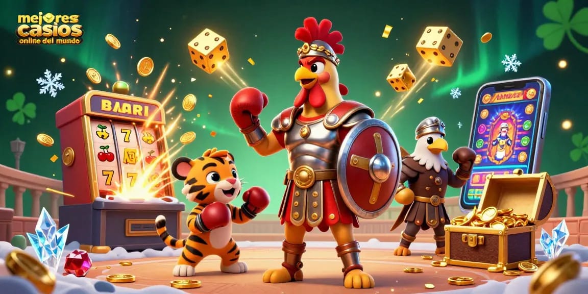 Mejores casinos online del mundo y bonificaciones destacadas con un guerrero y elementos de juego.