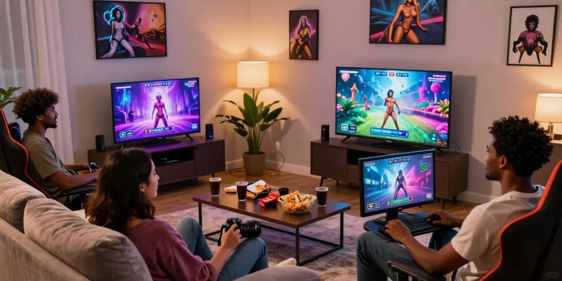 Players enjoying interactive porn games in a cozy, vibrant living room environment, showcasing trends in adult gaming.