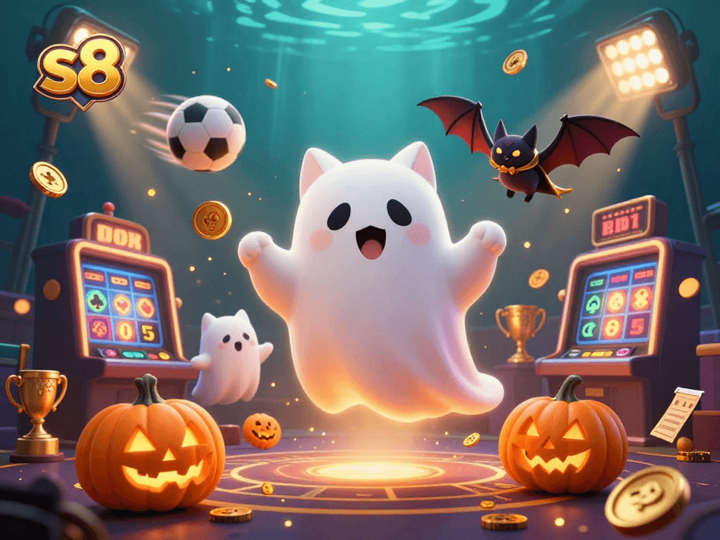 Experience the thrill of gambling at S8 with a ghost cat and vampire bat in a haunted casino scene.