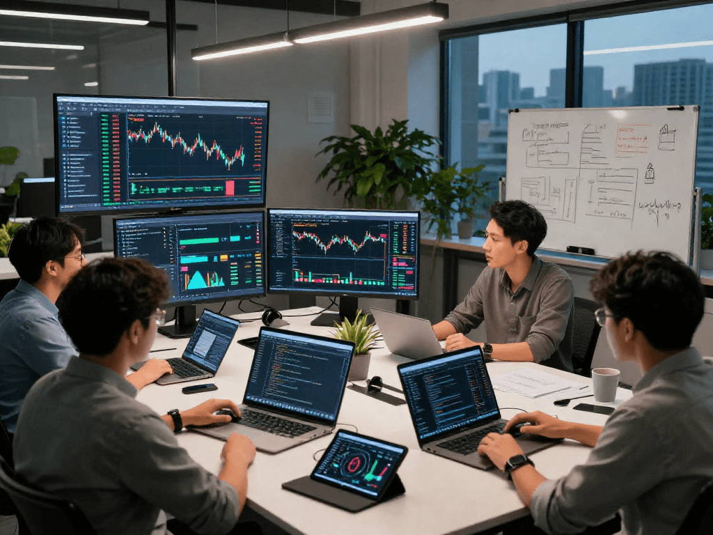 Interactive team collaboration on futures quant backtesting data API in a modern tech workspace