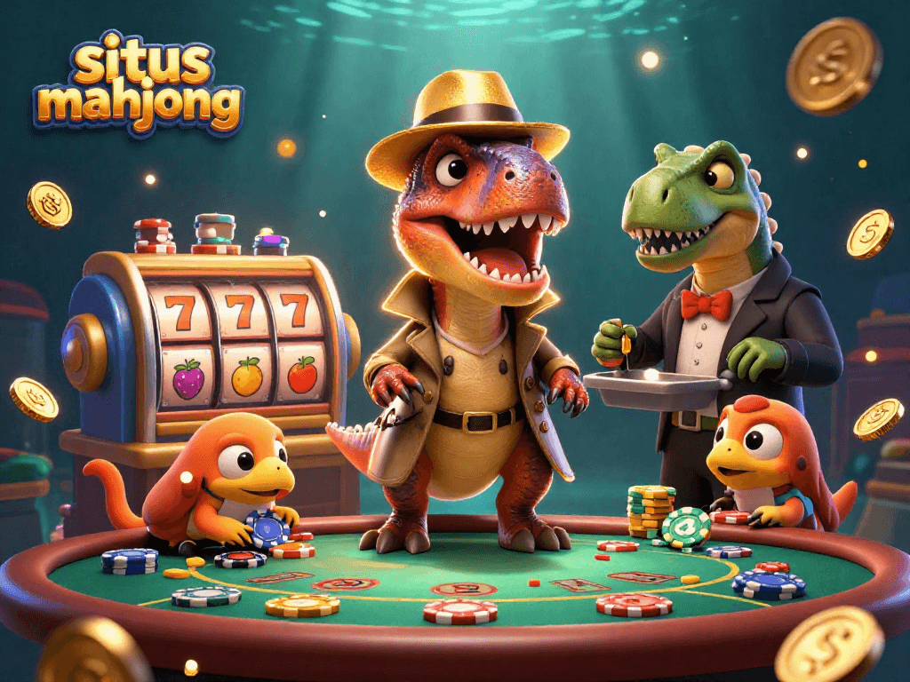 situs mahjong gambling scene with animated dinosaur characters at a vibrant blackjack table surrounded by slot game elements.