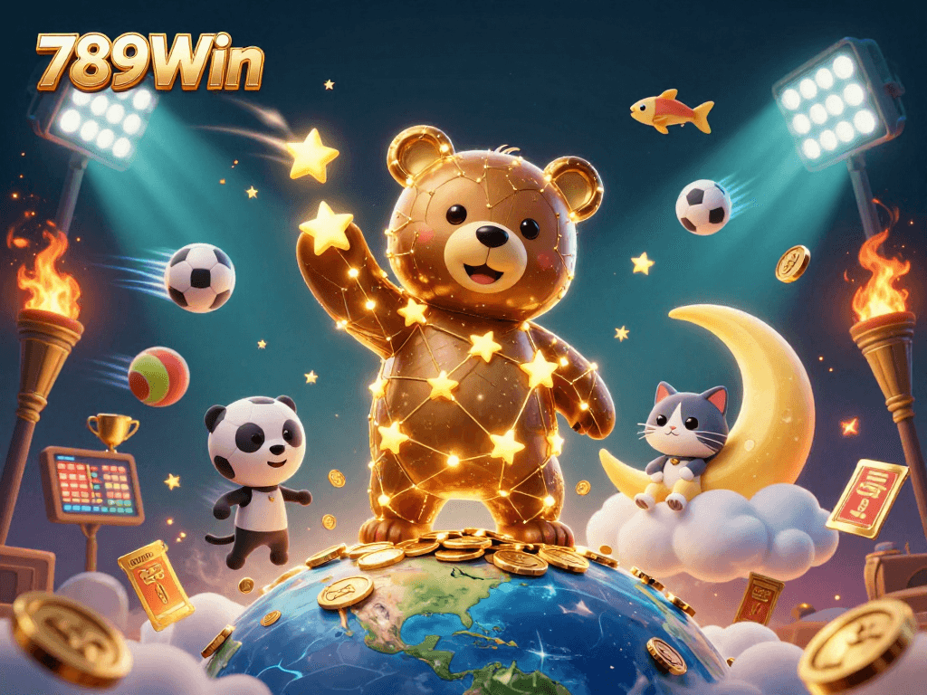 Engaging visual of 789Win showcasing constellation bear gathering coins amidst vibrant sports elements.