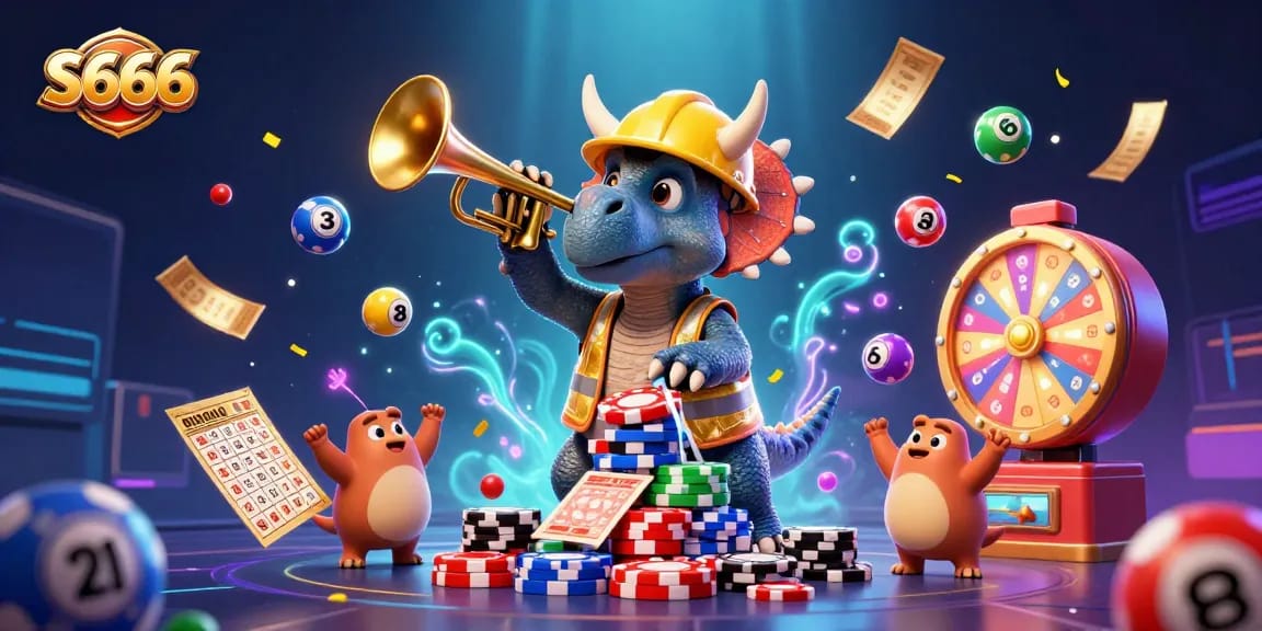 S666 supports players in a vibrant casino scene where a cartoon triceratops constructs a poker chip pyramid, showcasing thrilling games.