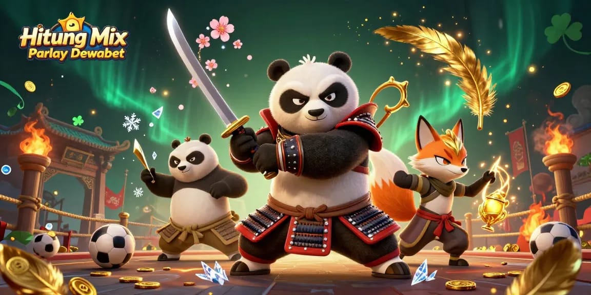 Hitung Mix Parlay Dewabet showcases a fierce samurai panda, ninja fox, and spirit tanuki in an energetic sports betting arena.