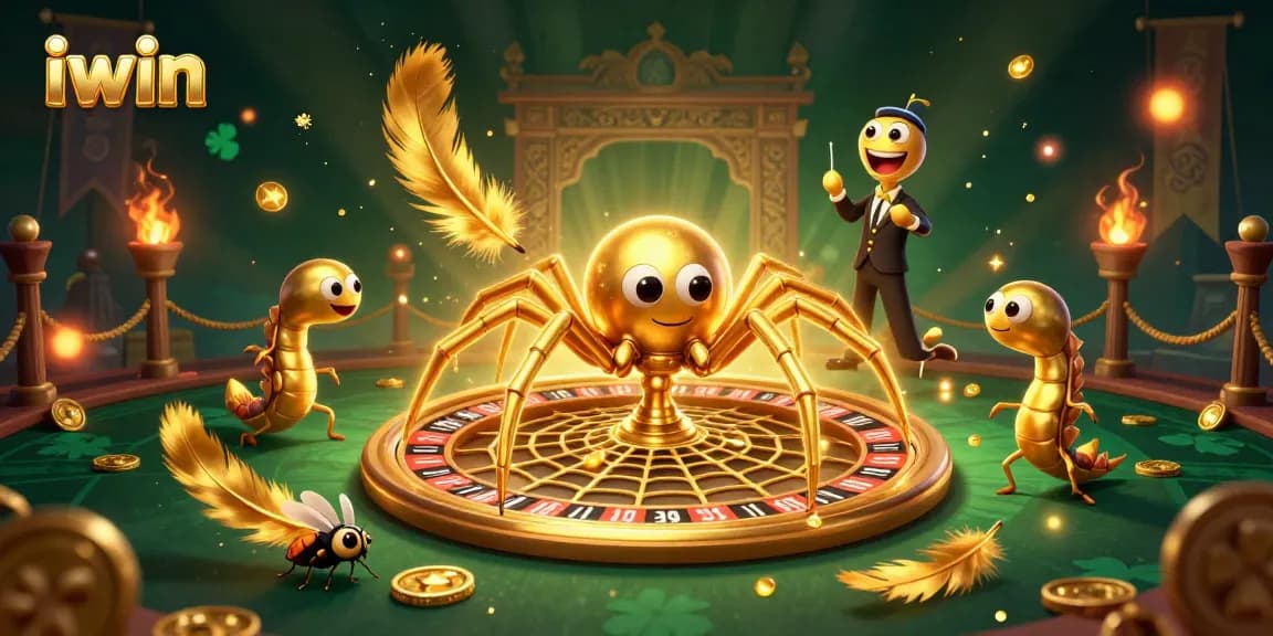 Wager with iwin in a festive roulette scene featuring a spider dealer and a nervous fly.