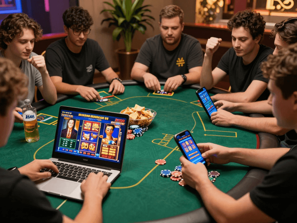 Players enjoying games on https://raja328apk.com/ platform, showcasing dynamic gambling atmosphere with devices and poker chips.