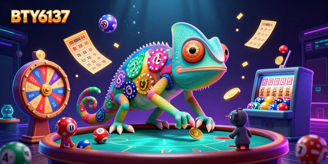 BTY6137 showcases a vibrant casino scene with a chameleon owner and dynamic lottery elements.