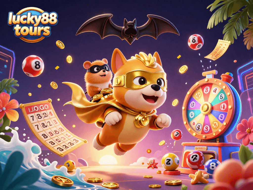 Engage with lucky88 tours featuring a superhero dog and colorful lottery elements in a dynamic casino scene.