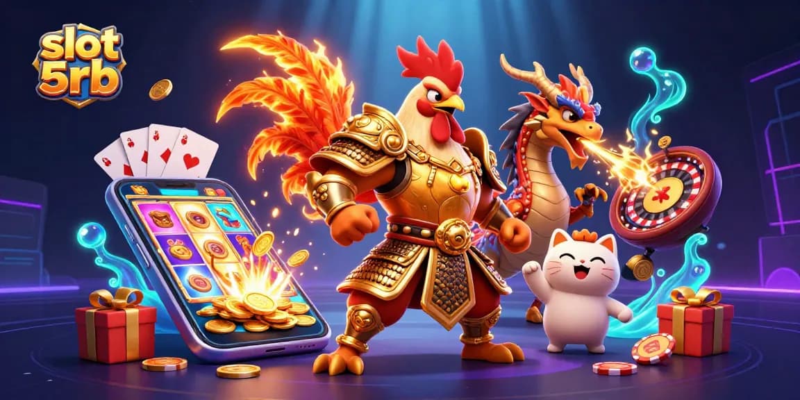 Engage with slot 5rb as a fierce dragon and rooster warrior come to life in a vibrant casino scene.