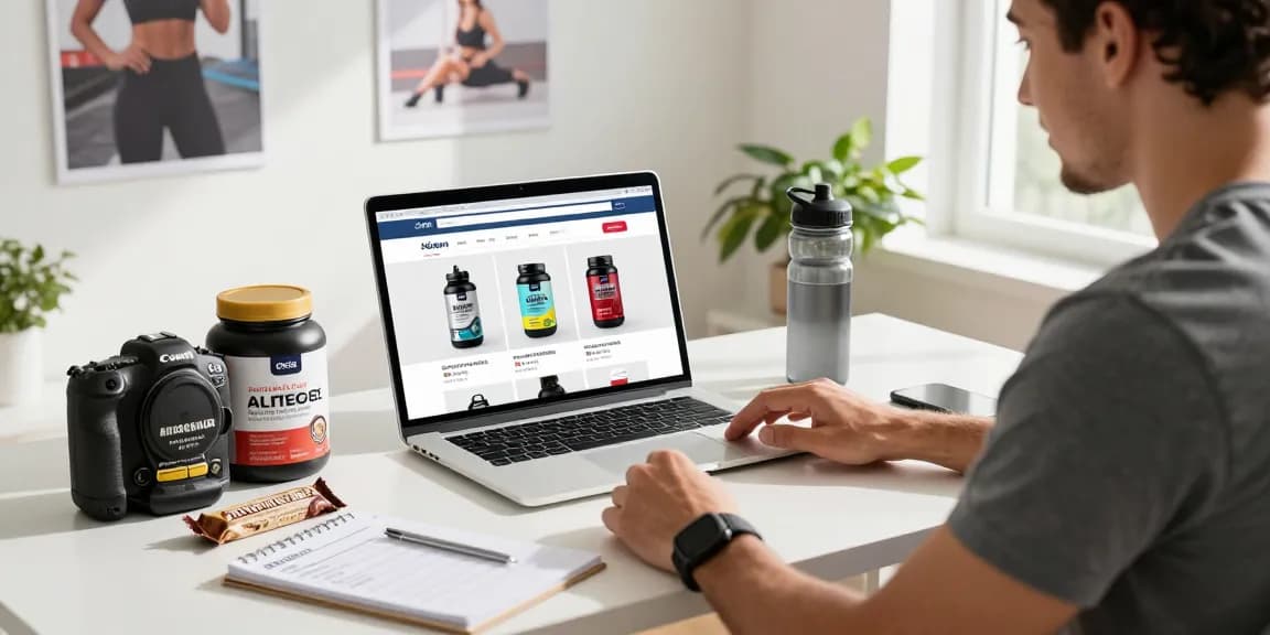 Fitness enthusiast browsing Astera Shop for high-quality steroids and supplements in a modern workspace.