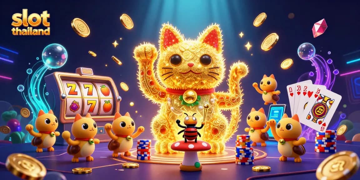 Experience slot thailand with a whimsical lucky cat and vibrant casino elements in a dazzling 3D scene.