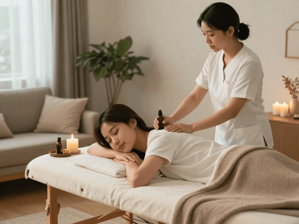 Young woman receiving 강동구출장안마 in a relaxing home spa environment with a professional massage therapist.