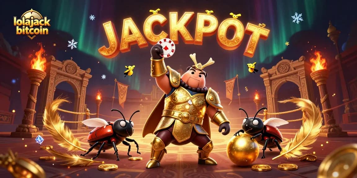Engage with lolajack bitcoin featuring a victorious beetle and dynamic casino elements in a stunning 3D illustration.