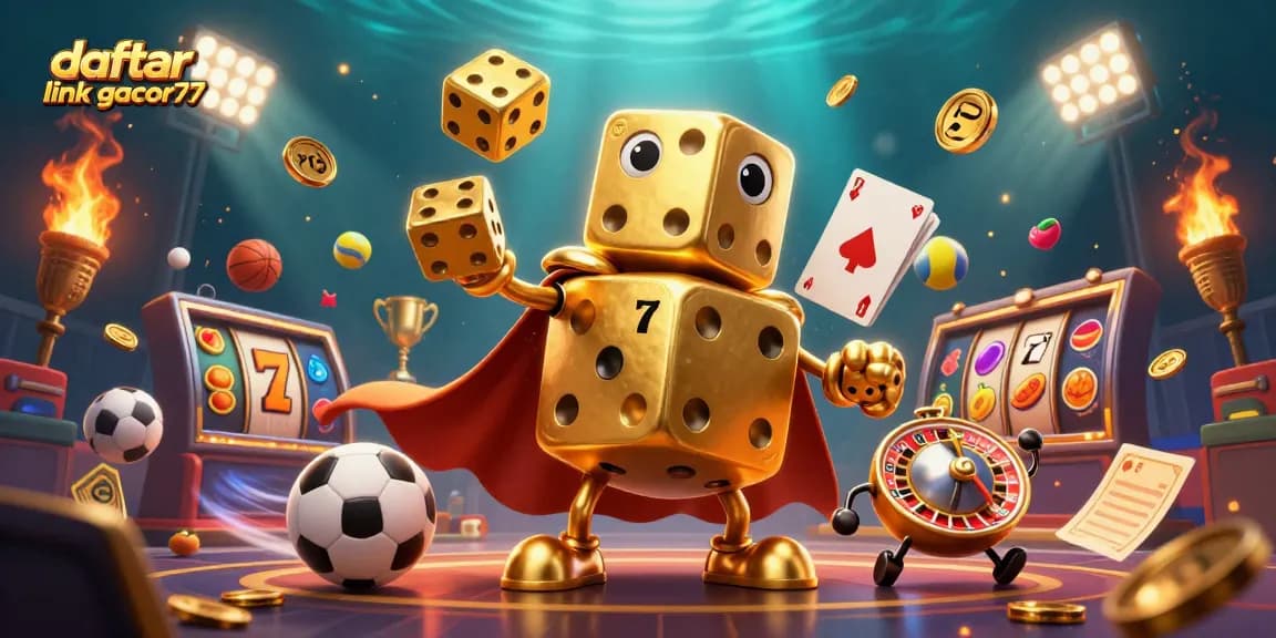 daftar link gacor77 showcases golden dice golem and vibrant casino symbols in action-packed scene