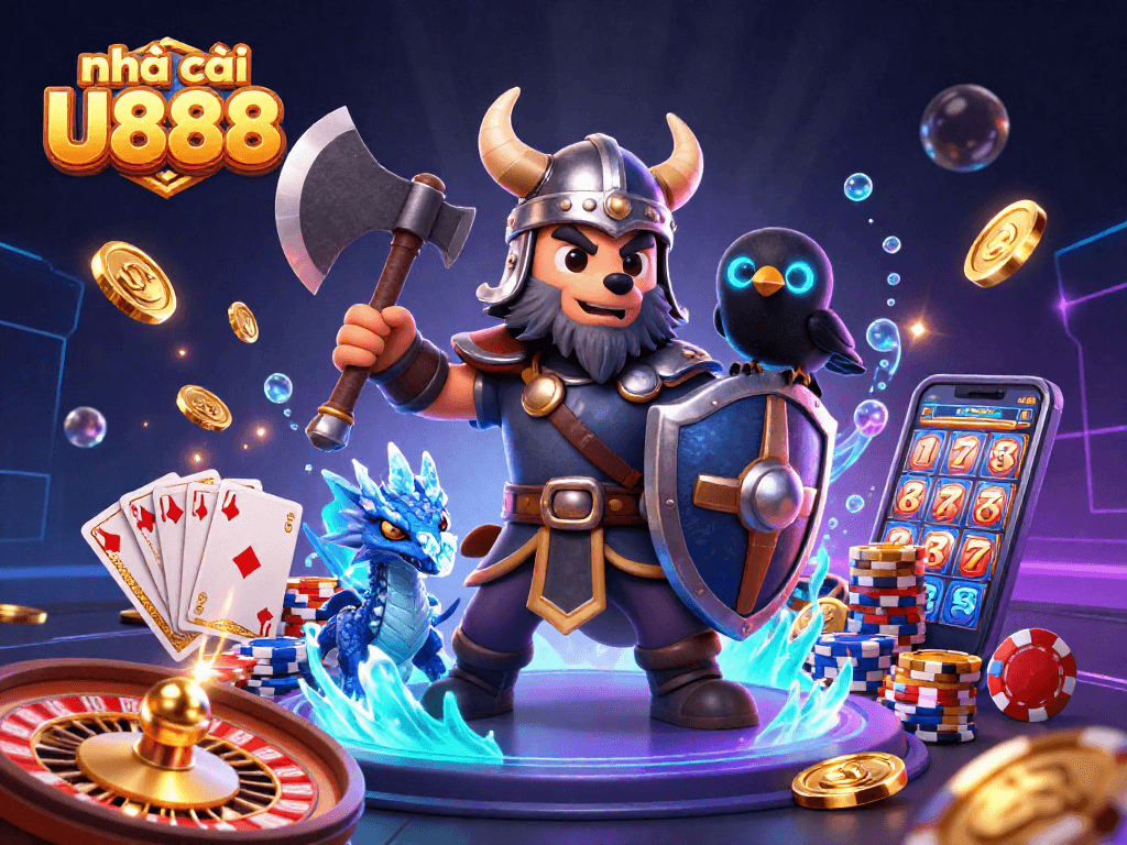 Engage with nhà cái U888 through a stunning 3D illustration featuring a Viking wolf warrior and gaming elements.