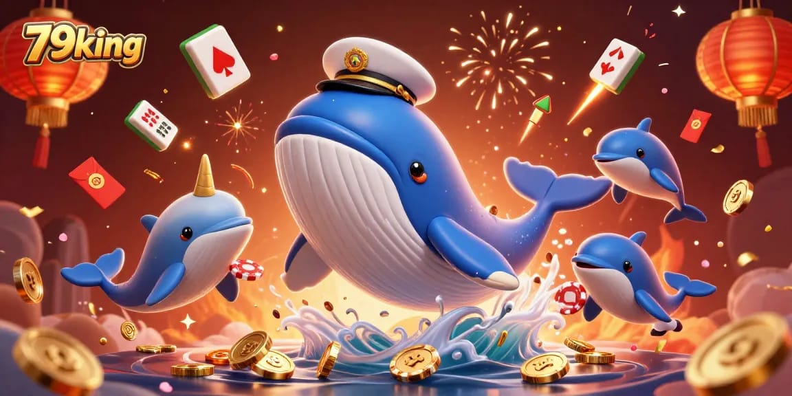 Experience the excitement of 79king with a whale and narwhal in a colorful casino-themed celebration.