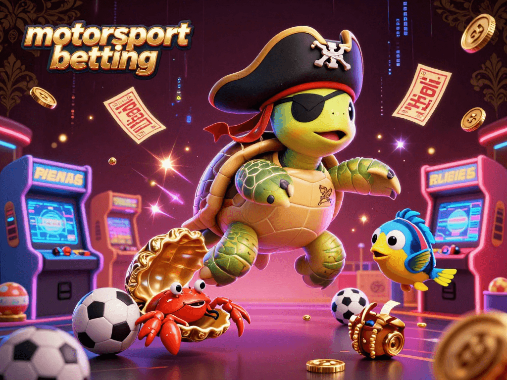 Engage in motorsport betting thrills with a vibrant scene featuring pirate-themed characters and sports elements.