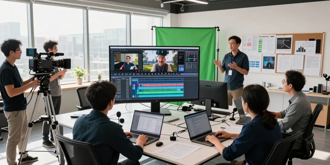 Team collaborating on corporate video production, showcasing creative workspace and editing process.