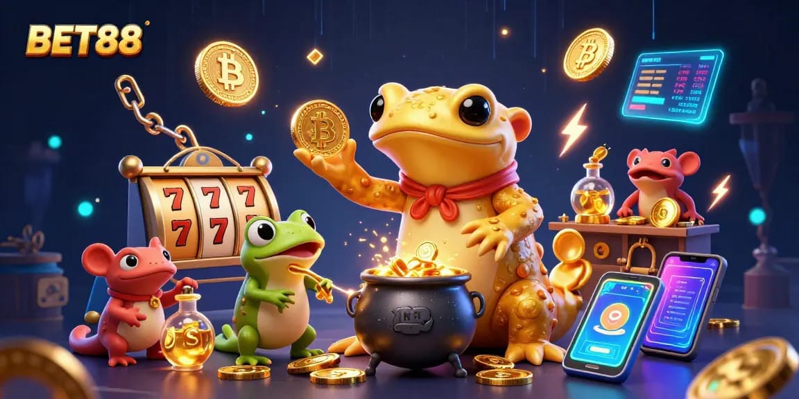 Experience the thrill of BET88 with vibrant slots and gold coins in a magical 3D casino scene.