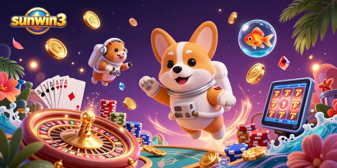Experience the excitement of sunwin3 with a vibrant digital casino scene featuring a floating corgi astronaut.