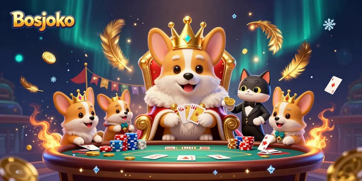 Bosjoko poker scene with a royal corgi and cat butler showcasing a golden card deck and chips.