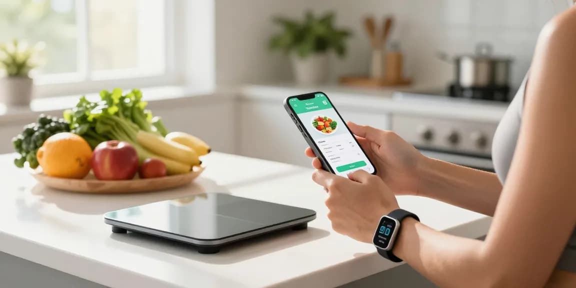 Smartphone displaying the best calorie tracking apps in a bright kitchen with healthy meal prep.