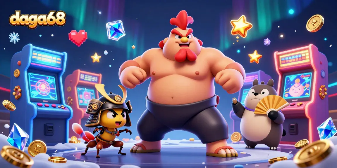 daga68 showcases the powerful sumo wrestler rooster stomping in a vibrant 3D casino illustration.