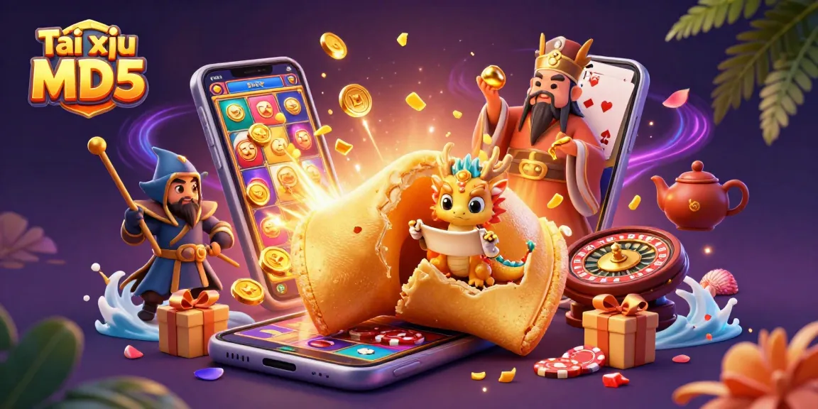 Win with Tài xỉu MD5 in a vibrant, magical casino scene filled with gold and exciting game elements.