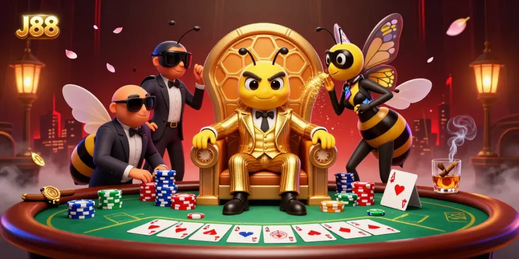 Experience high-stakes poker at J88 with a charming bumblebee mob boss and colorful game elements.