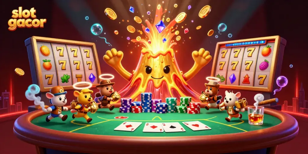 Engage with slot gacor in this dynamic 3D scene featuring volcano treasure and vibrant game elements.