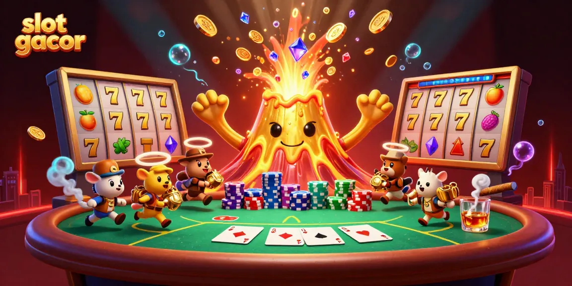 Engage with slot gacor in this dynamic 3D scene featuring volcano treasure and vibrant game elements.