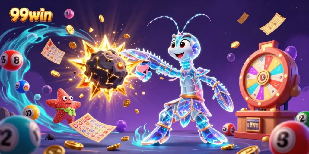Engage with the exciting world of 99win through a vivid 3D scene showcasing a galactic mantis shrimp triumphing over an asteroid amidst vibrant casino elements.