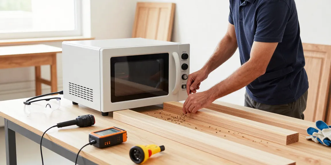 Shashel microwave device in action, effectively eliminating wood-boring insects in a bright workshop.