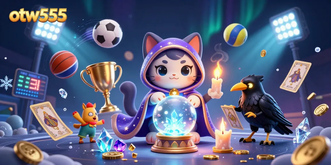 Bet on otw555 with a mystical cat fortune teller and sports elements in a vibrant casino scene.