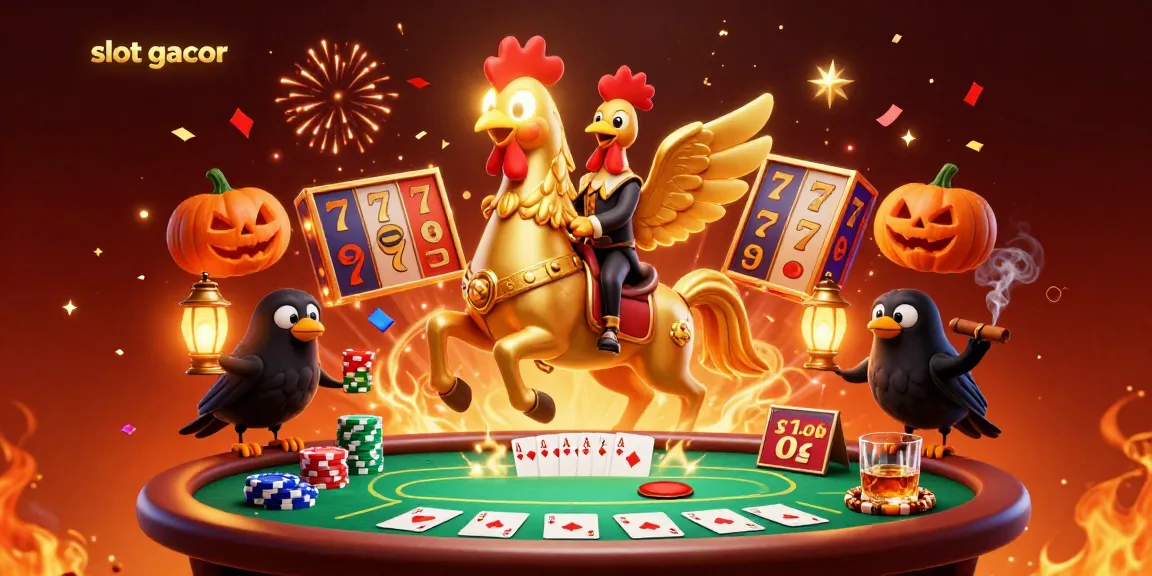 Experience the thrill of slot gacor illustrated through a golden rooster riding a spectral horse in a vibrant casino setting.