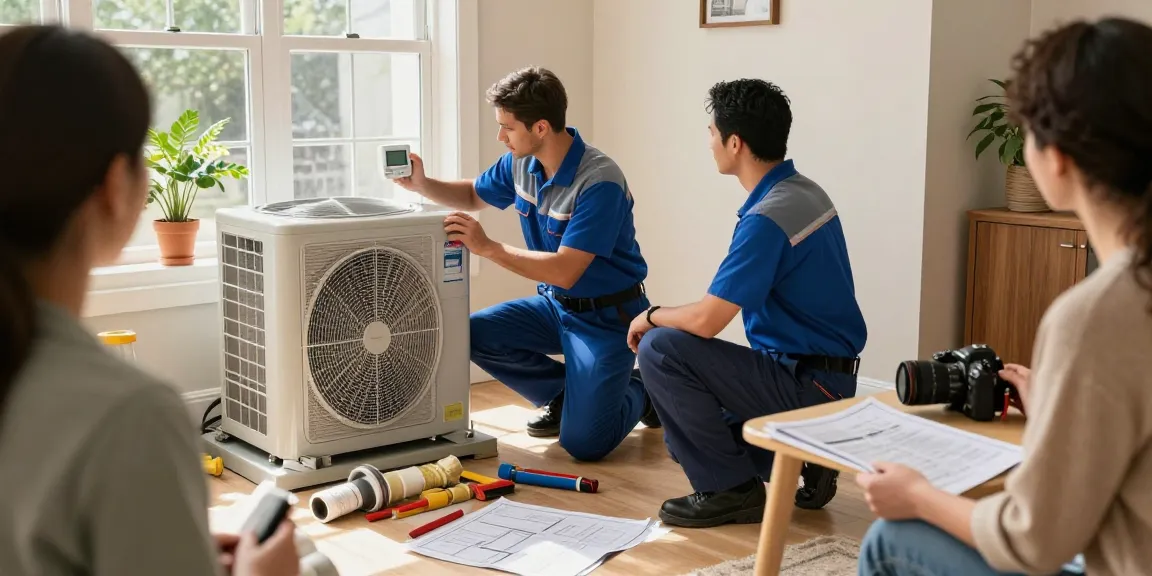 HVAC SEO company technicians installing furnace in cozy home setting