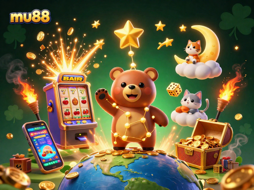 Experience the thrill of mu88 as the golden constellation bear scoops coins in an exciting casino scene.