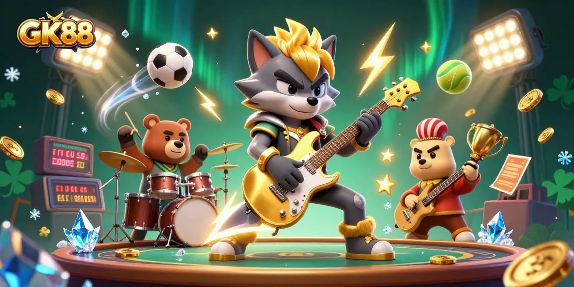 Experience GK88's electrifying stage with a rock star wolf in a vibrant casino scene.