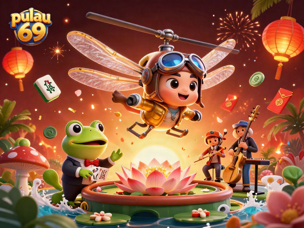 Engage in the exciting atmosphere of pulau 69 with animated characters and vibrant casino elements.